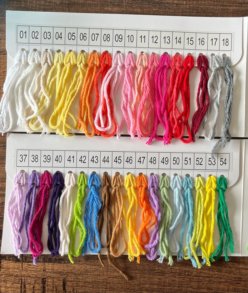 Pu&ograve; includere: Una cartella colori con 54 diverse tonalit&agrave; di filo da ricamo. Il filo &egrave; organizzato in righe con i numeri 01-18 e 37-54.