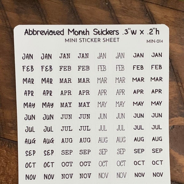 Abbreviated Month Stickers Mini Sticker Sheet | 10 Sets JAN-DEC, 5 Different Fonts  | Each Month .3"W x .2"H | For Planners, Journals, Bujo