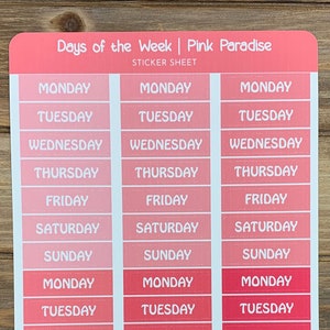 Days Of The Week Sticker Sheet | Pink Paradise Color Palette  | 6 Weeks | Each Day is 1.25&quot;W x .3&quot;H | For Journals, Planners