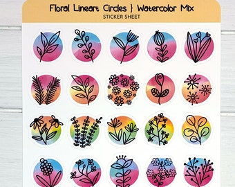 May include: A sticker sheet with 25 colorful watercolor circles featuring black line drawings of flowers and floral designs. The sheet is titled "Floral Linear Circles | Watercolor Mix Sticker Sheet" and is by Purple Pisces Creations.