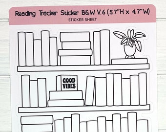 May include: Black and white sticker sheet with a bookshelf design. The sticker sheet includes four shelves with books, a plant, a candle, and a book with the text "Good Vibes". The sticker sheet is 5.7 inches tall and 4.7 inches wide.