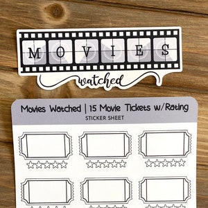 Movies Watched Sticker Sheet Set | 15 Movie Tickets w/Rating Stars Stickers & Movies Watched Header Sticker | For Planners, Journals, Bujo