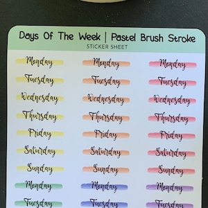 Days Of The Week - Pastel Brush Stroke Sticker Sheet | 6 Weeks | Monday - Sunday | Each Day 1.2&quot;W x .38&quot;H |  Bujo, Planners
