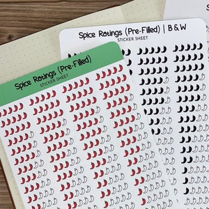 Spice Rating - Pre-filled Red OR Black Chili Stickers | 12 of each rating,  sized .28&quot;H x 1.08&quot;W | Chili Peppers on White Rounded Rectangle