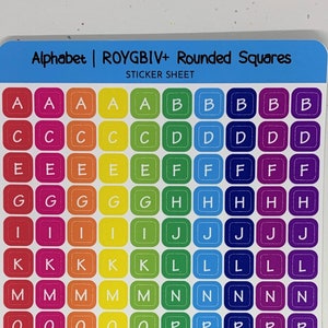 Alphabet on Rounded Squares, ROYGBIV+ Colors, ALL CAPS, Sticker Sheet | Each Sticker .3&quot;W x .3&quot;H | 5 of Each Letter |  Bujo, Planners