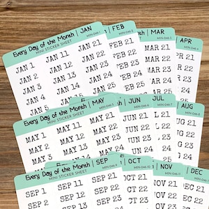 Every Day of the Month Mini Sticker Sheets | Choose Individual Month(s) (1 Mini Sheet Ea. Month) OR Whole Year (12 Mini Sheets) | 1&quot;w x .3&quot;h