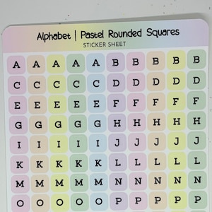 Alphabet on Rounded Squares, Pastel Style, ALL CAPS, Sticker Sheet | Each Sticker .3&quot;W x .3&quot;H | 5 of Each Letter |  Bujo, Planners, Journals