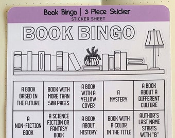 Book Bingo Sticker Set - 3 Piece Sticker | 1 Book Bingo Sticker 4.4" x 4.4", 1 Die Cut "BOOK BINGO" Header, 1 Shelf w/Books Die Cut Sticker