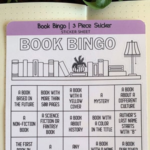 Book Bingo Sticker Set - 3 Piece Sticker | 1 Book Bingo Sticker 4.4" x 4.4", 1 Die Cut "BOOK BINGO" Header, 1 Shelf w/Books Die Cut Sticker