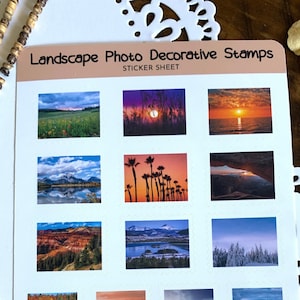 Landscape Photo Decorative Stamps Sticker Sheet | 17 Kiss Cut Stamp Stickers | Perfect for Planners, Journals, Scrapbooks