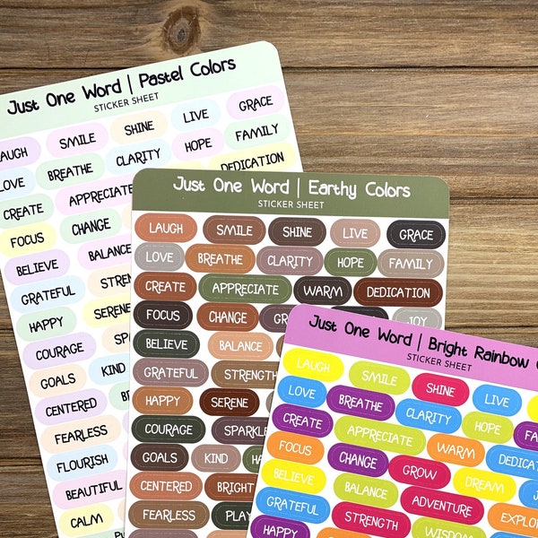 Just One Word Sticker Sheet | Pastel, Earthy or Bright Rainbow Colors | 61 Positive Word Stickers For Planners, Journals, Scrapbooks