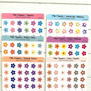 Mini feuille d'autocollants mini fleurs | Bonbons, arc-en-ciel lumineux, aquarelle arc-en-ciel, ambiance de plage, fleurs séchées ou coucher de soleil tropical, 42 stickers