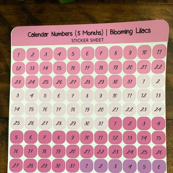 Calendar Numbers (5 Months) - Blooming Lilacs Color Palette Rounded Squares Sticker Sheet | Each # is .3"W x .3"H | Bujo, Planners, Journals