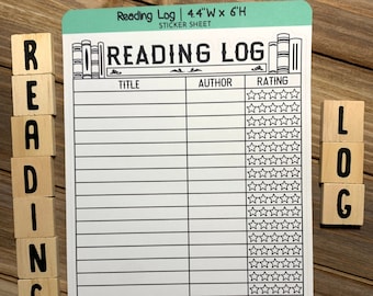 May include: A sticker sheet for a reading log. The sheet is white with black lines and text. The text says "Reading Log" and includes columns for "Title", "Author", and "Rating". The rating column has 5 stars for each book. The sheet is 4.4 inches wide and 6 inches high.