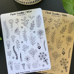 Feuille d'autocollants floraux | Kraft OU N&B | 32 stickers floraux | Différentes tailles | Stickers décoratifs | Agendas, Bujo, Scrapbooks