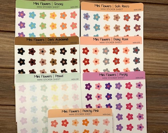 Mini Flowers Mini Sticker Sheet | Soft Retro, Groovy, Dark Academia, Dusty Rose, Pastel, Purply, OR Peachy-Pink | 42 Stickers | Approx .5"