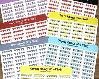 Unique Genre-Themed Pre-Filled Rating Stickers | Choose Aliens, Hearts, Potion, Comedy, Tragedy, Twists or Blood Splatter