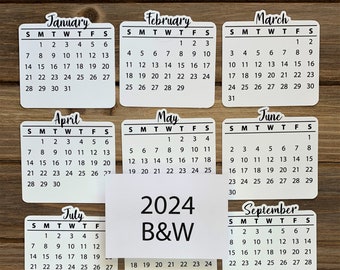 2024 Months Calendar Stickers | B&W | For Planners, Bullet Journals, Scrapbooks | Set of 12 Die Cut Months Jan-Dec | Sun - Sat