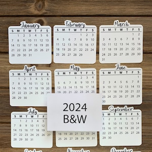 2024 Months Calendar Stickers | B&W | For Planners, Bullet Journals, Scrapbooks | Set of 12 Die Cut Months Jan-Dec | Sun - Sat