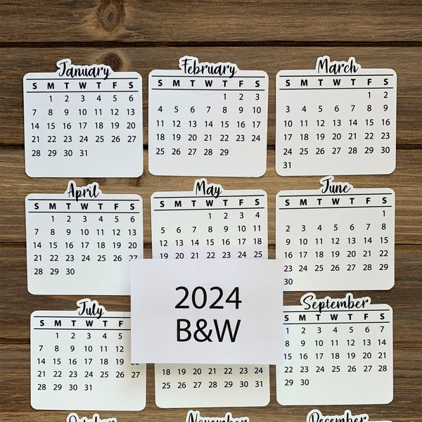 2024 Months Calendar Stickers | B&W | For Planners, Bullet Journals, Scrapbooks | Set of 12 Die Cut Months Jan-Dec | Sun - Sat