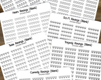 Unique Genre-Themed Rating Stickers - BLANK | .28"H x 1.08"W | Choose Aliens, Hearts, Potion, Comedy, Tragedy, Twists or Blood Splatter