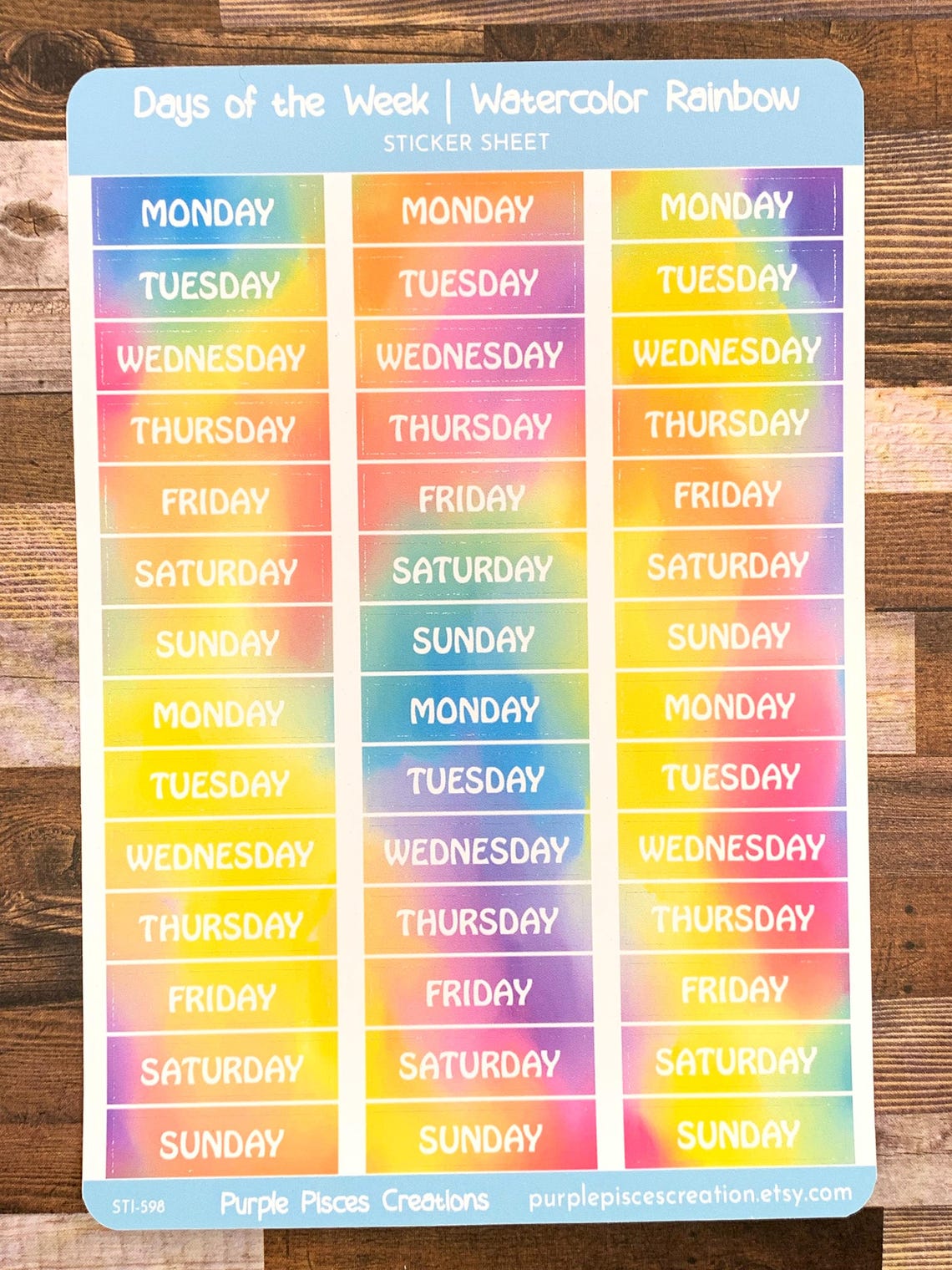 Days of the Week Sticker Sheet | Watercolor Rainbow Color Palette | 6 ...