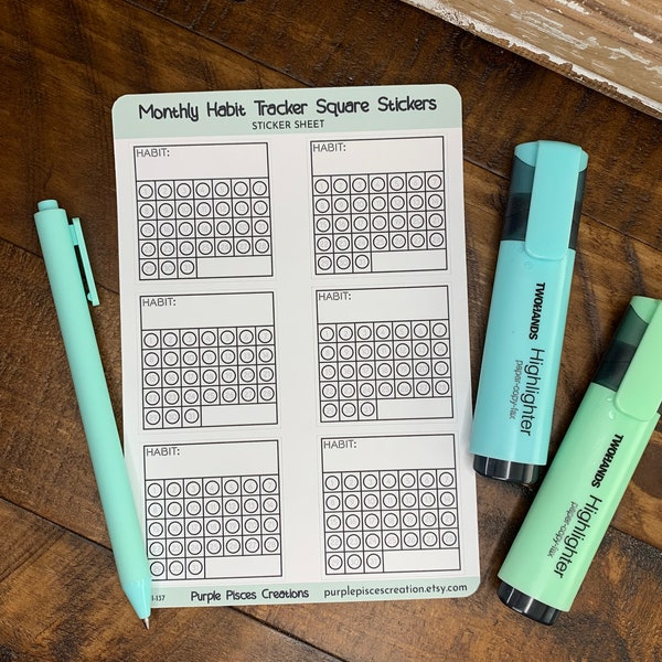 Monthly Habit Tracker Square Stickers | 6 Stickers | Each Sticker is for 31 Days, 1.875"W/H | For Planners, Journals, Bujo | Matte Stickers