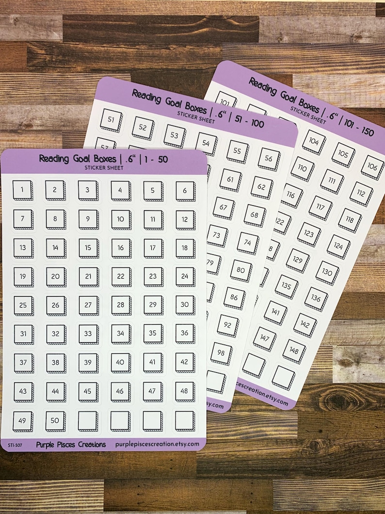 May include: Three sticker sheets with a purple background and white borders. Each sheet has a title that reads "Reading Goal Boxes" and includes a number of boxes with numbers from 1 to 150. The sheets are designed for use as reading goal trackers.