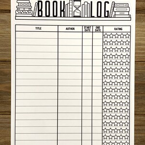 May include: A black and white sticker sheet with a book log design. The sheet has a title, author, start date, end date, and rating columns. The rating column has a row of five stars for each book entry. The sticker sheet is labeled "Book Log v.3 | 2 Piece Sticker | 4.4"W" and "STICKER SHEET".