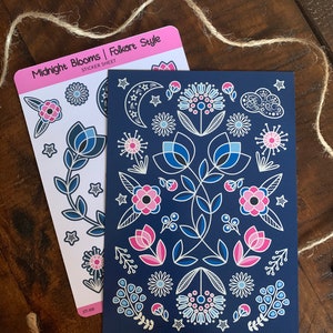 Midnight Blooms 5x7 Art Print AND/OR Midnight Blooms Folkart Style Sticker Sheet | Stickers for Laptops, Planners, Journals, Bujo, ETC