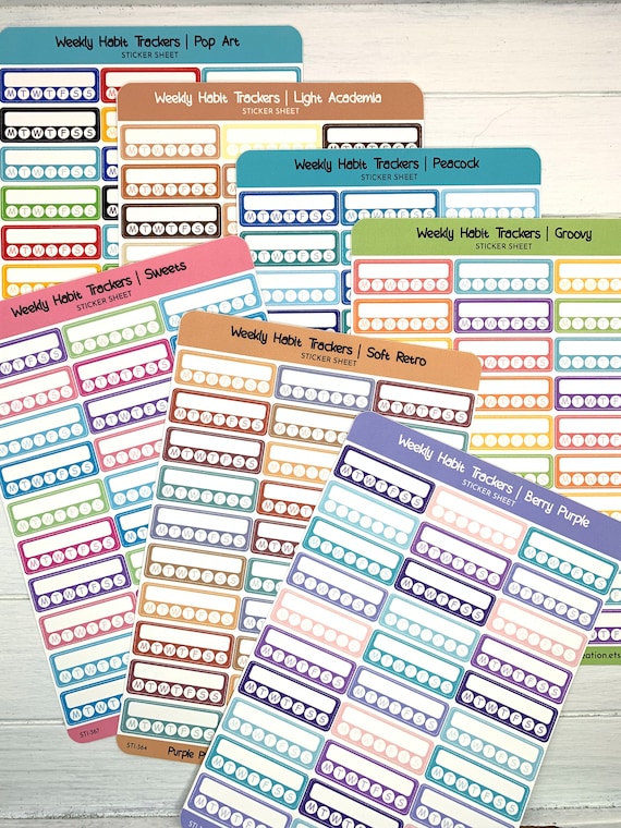 Weekly Habit Trackers Sticker Sheet | 30 Stickers | Each Sticker is 1.45"W x .475"H | M-S | For Planners, Journals, Bujo (Colorway Group 1)