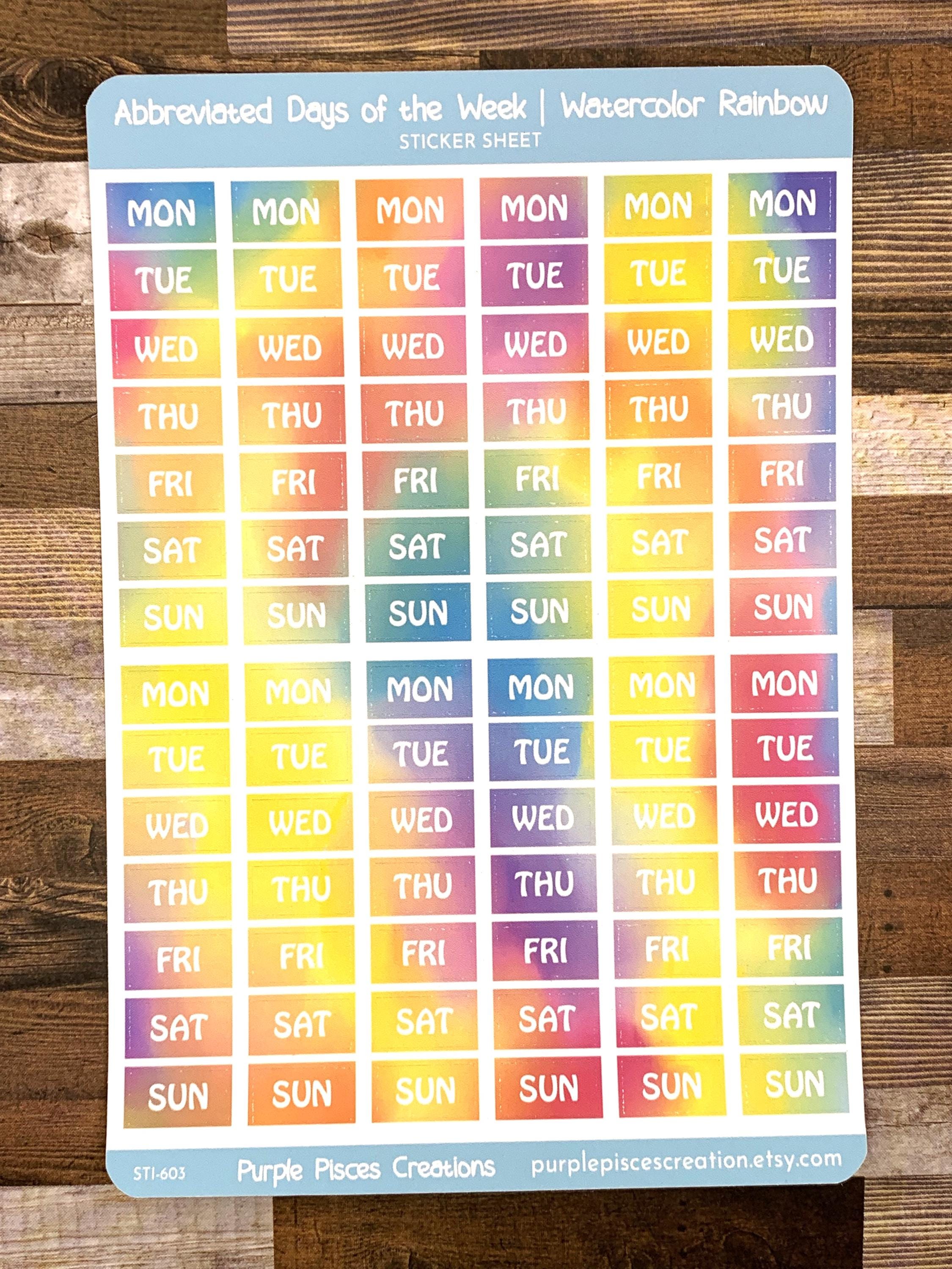 Abbreviated Days of the Week Sticker Sheet | Watercolor Rainbow Color ...