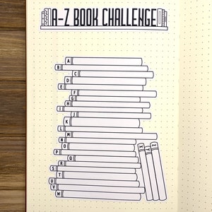 May include: A-Z Book Challenge checklist with blank spaces to fill in book titles. The checklist is designed to look like a bookshelf with a stack of books for each letter of the alphabet.