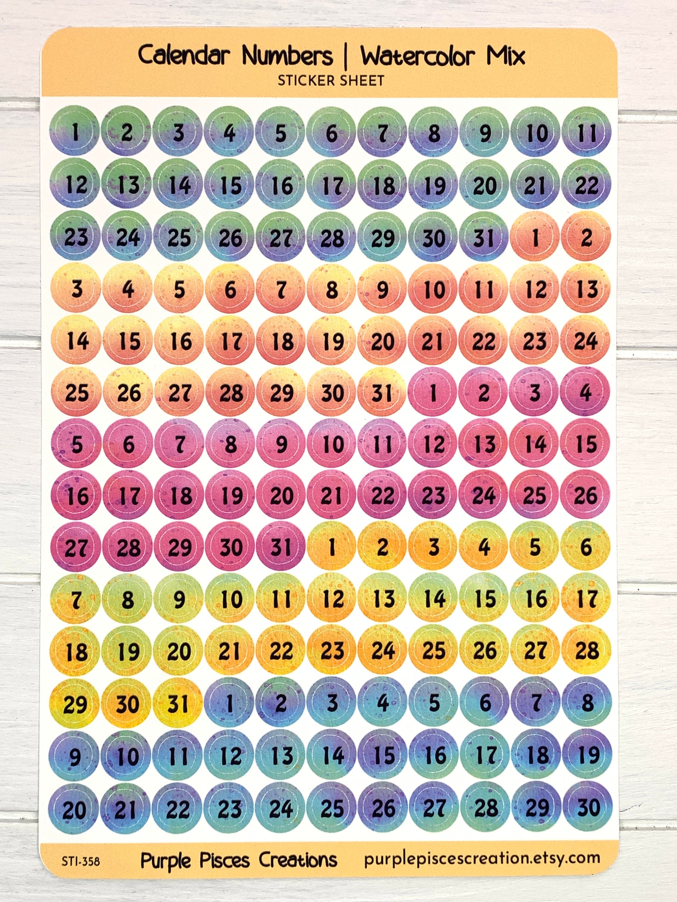 Calendar Numbers Sticker Sheet | Watercolor Mix Color Palette | Each ...