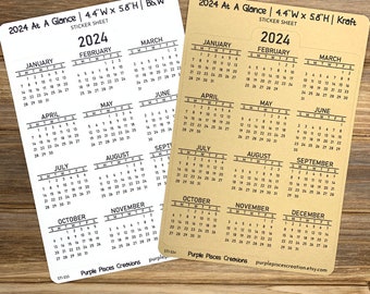 2024 Large At A Glance Calendar Sticker 4.4"W x 5.8"H | Choose White Matte or Kraft Sticker Paper | For Planners, Journals, Notebooks