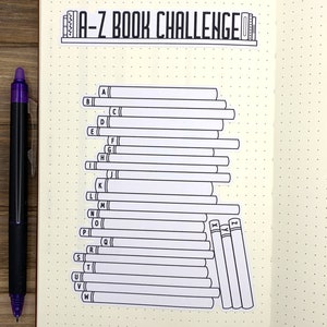 May include: A-Z Book Challenge list with a bookshelf graphic at the top. The list is formatted as a stack of books with each letter of the alphabet labeled on the spine of each book.