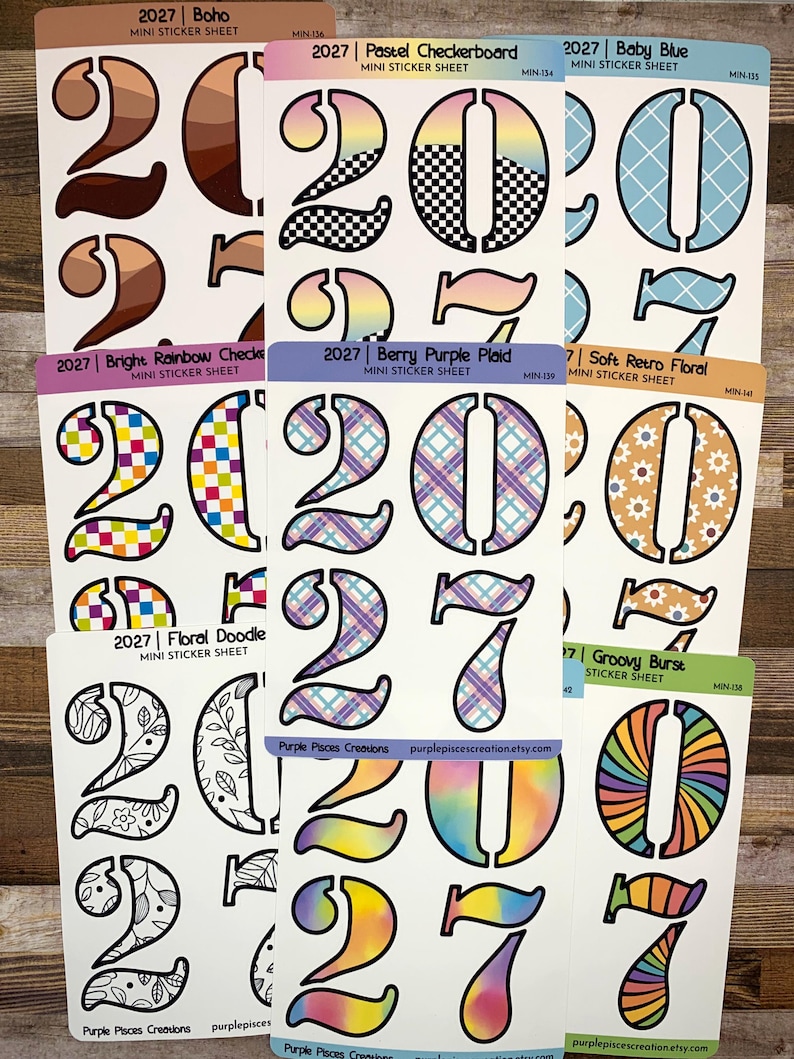 2027 Number Mini Sticker Sheet | 4 Kiss Cut Stickers, 2, 0, 2 & 7 | 9 ...