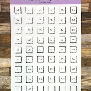 May include: A sticker sheet with 50 white squares, each with a black border and a number from 51 to 100. The sheet is labeled "Reading Goal Boxes | .6" | 51 - 100" and "Sticker Sheet".