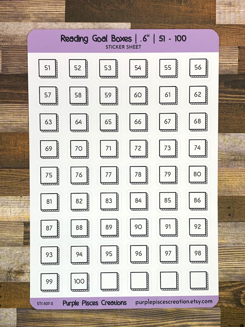 May include: A sticker sheet with 50 white squares, each with a black border and a number from 51 to 100. The sheet is labeled "Reading Goal Boxes | .6" | 51 - 100" and "Sticker Sheet".