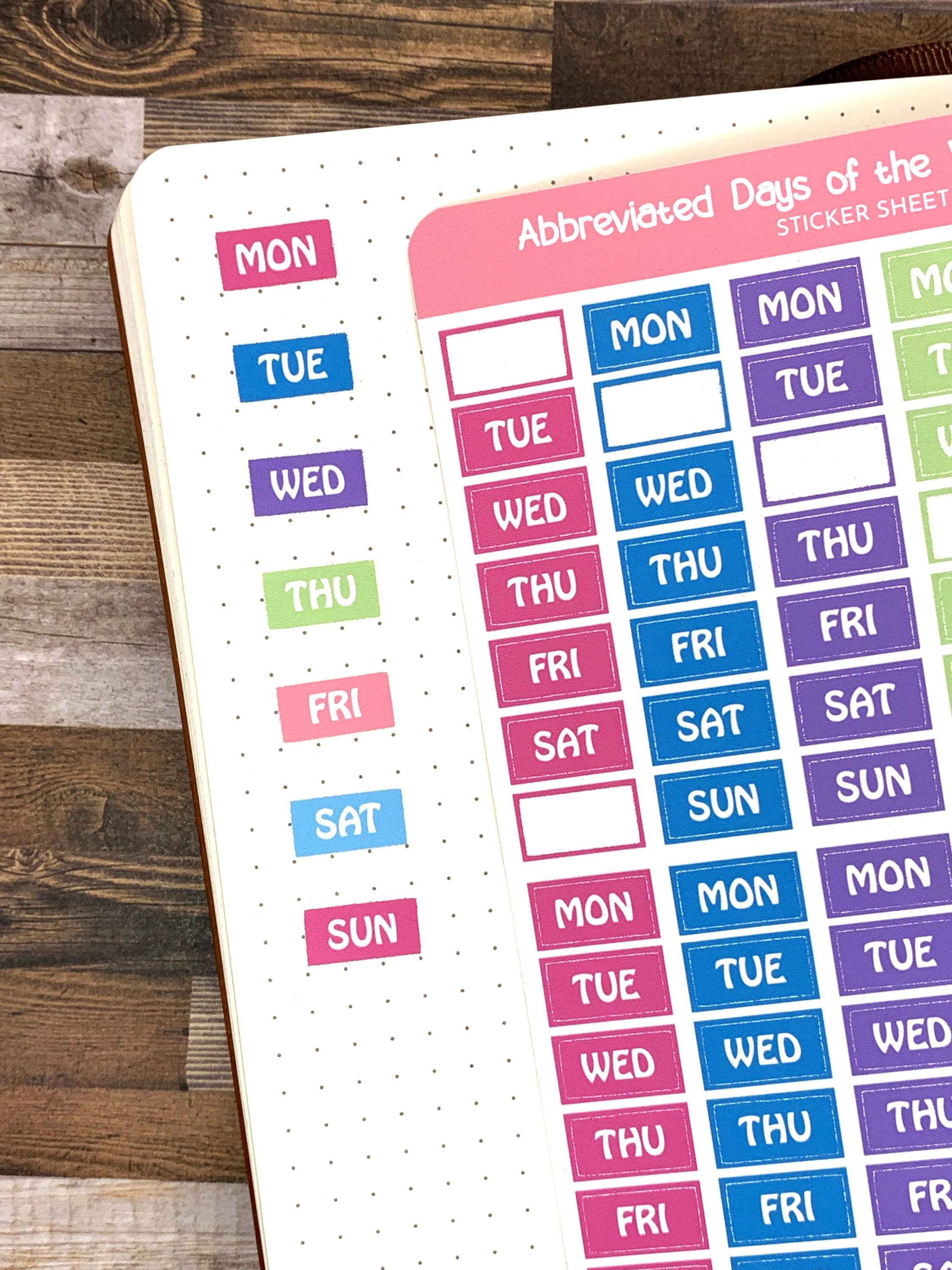 Abbreviated Days of the Week Sticker Sheet | Sweets Color Palette | 12 ...