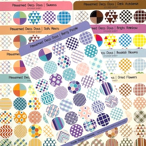May include: A set of 10 sticker sheets featuring colorful patterned circles. Each sheet has a different theme, including groovy, valentine, sweets, dark academia, soft retro, berry purple, bright rainbow, bookish blooms, and dried flowers. The sticker sheets are designed by Purple Pisces Creations.