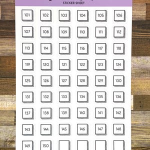 May include: A sticker sheet with 15 numbered boxes, each with a black outline and a white interior. The numbers range from 101 to 150. The sheet is labeled "Reading Goal Boxes | .6" | 101 - 150" and "Sticker Sheet".