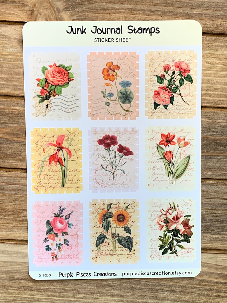 Junk Journal Stamps Sticker Sheet | Vintage-style Floral Themed ...