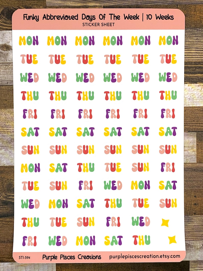 Abbreviated Days of the Week Sticker Sheet | FUNKY Color Palette | 10 ...