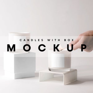 May include: A white candle with a white label is being lit with a match. The candle is on a white stand. The text "CANDLES WITH BOX MOCKUP" is in the background.