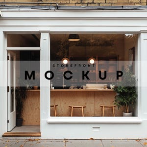 May include: A white storefront with a large window displaying a wood-paneled interior with a counter, stools, and plants. The window has a sign that reads "STOREFRONT MOCKUP".