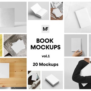 May include: A collection of 20 book mockups featuring different angles and settings. The mockups are all white and feature a blank cover, perfect for showcasing your book design.