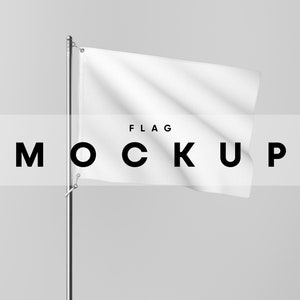 Pode incluir: Uma maquete de bandeira branca com a palavra "FLAG MOCKUP" impressa em letras pretas sobre um fundo branco.