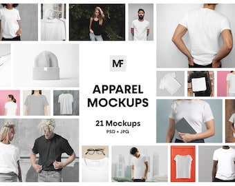 May include: A collection of 21 apparel mockups featuring various t-shirts, a beanie, and a backpack. The mockups are presented in a grid layout with a white background. The text "Apparel Mockups" and "21 Mockups PSD + JPG" is displayed in the center of the image.
