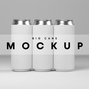 May include: Three silver aluminum cans with white labels that say "BIG CANS MOCKUP" on the front.